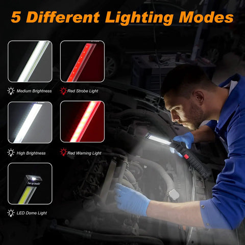 Mechanic using Six Pack Rechargeable LED Work Lights With Magnetic Base And 360 Degree Spin, Five Modes Of Bright Wide-Beam Illumination