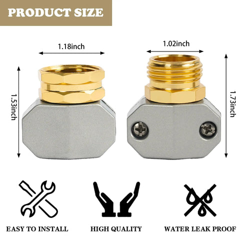Product size details of Garden Hose Repair Kit With Aluminum Fittings, 1.18 inch and 1.02 inch connectors.