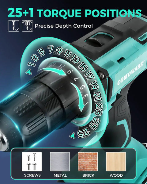 Close-up of a 20V Cordless Drill Kit With One Battery And Charger, Three Eighths Inch Keyless Chuck, 25+1 torque positions shown
