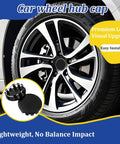 Solid 4 Pack Wheel Center Caps Black 2.36 Outer Diameter 2.2 Inner Diameter Tough ABS Plastic Rim Hub Covers installed on rims.