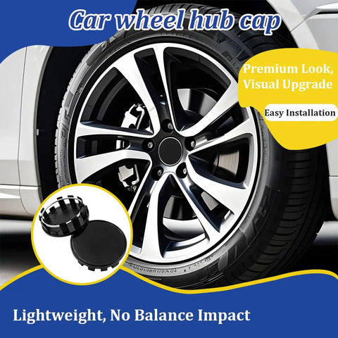 Solid 4 Pack Wheel Center Caps Black 2.36 Outer Diameter 2.2 Inner Diameter Tough ABS Plastic Rim Hub Covers installed on rims.