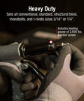 Close-up of Heavy Duty Rivet Gun Packing 3690 Lbs Of Raw Pulling Power with gloves holding a rivet.