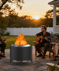 Sturdy Fire Pit Surround Tabletop For Solo Stove Bonfire And Small Patio, Heat Resistant Oxford Cloth Sides, Powder Coated Alloy Frame with people enjoying fire pit.
