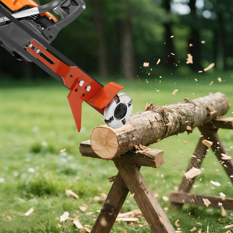 Knockout Chainsaw Mill Attachment And Log Debarker Peeler featuring four heavy duty blades cutting through a log outdoors.