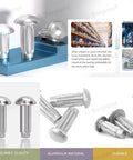 800Pcs Aluminum Rivet Kit M2 M2.5 M3 M4 Half Round Head Solid Knurled Rivets displayed with manufacturing process and applications.