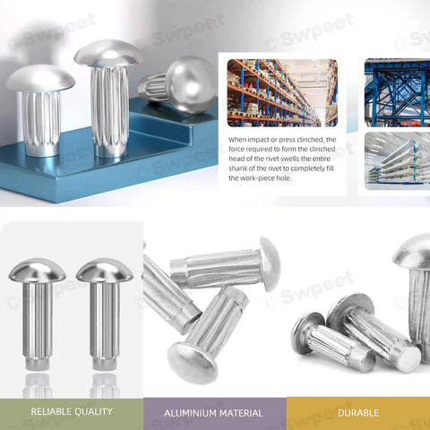 800Pcs Aluminum Rivet Kit M2 M2.5 M3 M4 Half Round Head Solid Knurled Rivets displayed with manufacturing process and applications.