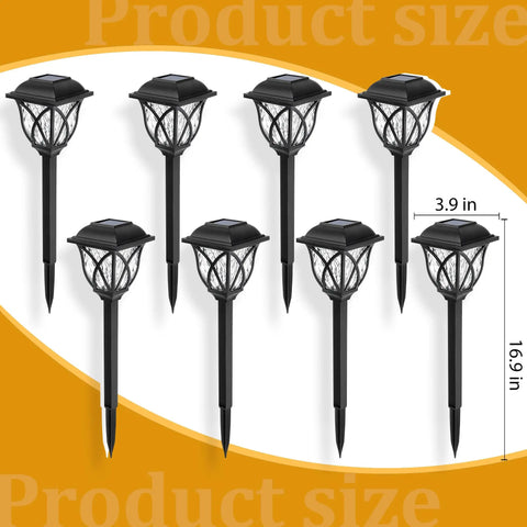 Six Pack Solar Outdoor Lights Waterproof LED Garden Decor shown in size, 3.9x16.9 inches, eight lights on orange background.