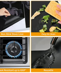 Four images of Three Pack Extra Long 32 Inch Stove Burner Covers for Gas Range showing use, cleaning, resistance, and flexibility.