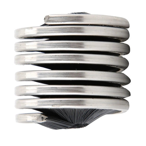 Close-up of Outdoor Climbing Rope Cleaning Brush For Caving Camping And Hiking Ropes Rugged Cord Cleaner with metal rings and bristles.