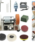 Compact Electric Bench Sander With Adjustable Speed Polisher And Knife Sharpener, 100W motor, polishing discs, tools, and attachments.