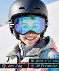 LOEO kids ski goggles with mirrored blue lenses for ages 5-14 worn by child in helmet (front view)