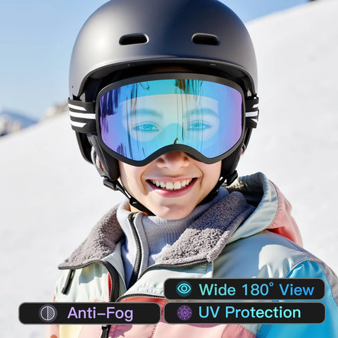 LOEO kids ski goggles with mirrored blue lenses for ages 5-14 worn by child in helmet (front view)