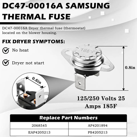 DC47-00016A Samsung thermal fuse, 125/250V, 25A, 185F, dimensions 0.8x0.6 inch, fix no heat or start issues in dryer