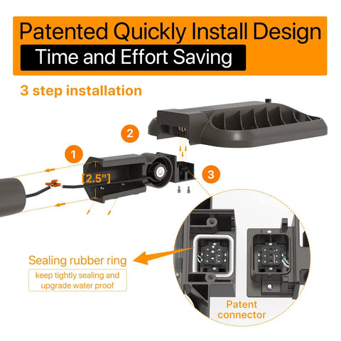 3 Pack 150W LED Shoebox Parking Lot Lights With 22500 Lumens 5000K Dusk Till Dawn Easy Install Slip Fitter Outdoor IP65 Waterproof 120 277V Pole Lighting For Driveways And Parking Lots installation guide highlighting quick connect design.
