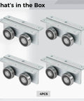 Heavy Duty Trolley Roller Assembly Set Four Pack With C50 Galvanized Steel Bearings For Industrial Sliding Doors, 4.9 Inch Overall Length And 1.4 Inch Wheel Diameter, Rust Resistant Sliding Door Hardware