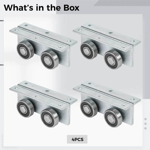 Heavy Duty Trolley Roller Assembly Set Four Pack With C50 Galvanized Steel Bearings For Industrial Sliding Doors, 4.9 Inch Overall Length And 1.4 Inch Wheel Diameter, Rust Resistant Sliding Door Hardware