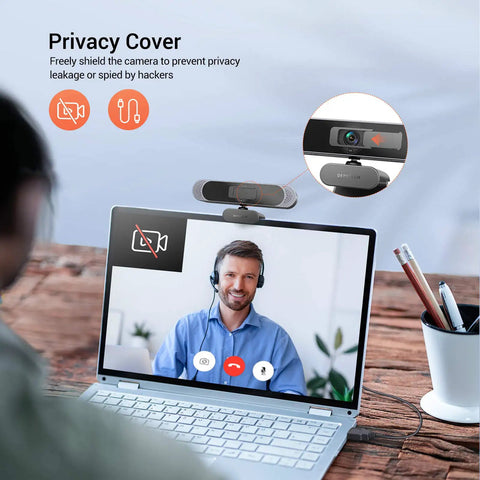 Top Shelf 4K Webcam Packs Sony Autofocus Sensor To Drop Crisp 8MP Video Built In Dual Mic And Quick Slide Privacy Shield shown on laptop during video call.