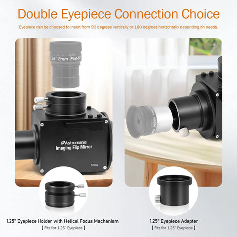 Double eyepiece connection choice showing 1.25 Inch Flip Mirror For Telescope With Eyepiece Adapter And Camera Attachment.