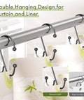 Double Shower Curtain Hooks For Curtain And Liner, Rustproof Metal Rings With Smooth Glide on shower rod, secure hold close-up