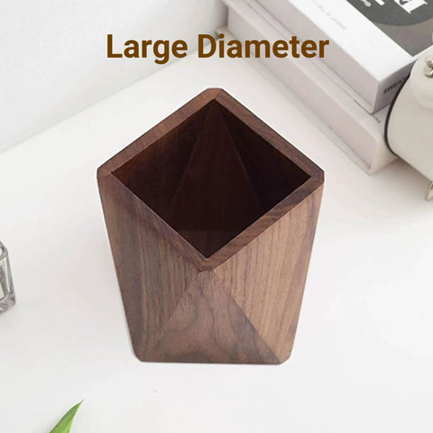 Walnut Diamond Shaped Wooden Pencil Holder Desk Cup With Big Capacity And Smooth Wax Finish on a workspace