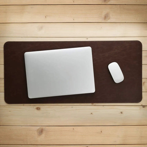 Premium Leather Extended Mouse Pad For Office And Gaming, large desk mat with laptop and mouse placed on it