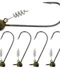 Dense Tungsten Stand Up Shaky Head Jig Heads With Screw Lock Keeper Provide A Straight Fire Finesse Bass Presentation In Green Pumpkin One Quarter Ounce Five Pack angled view of 1/4 oz jig heads.