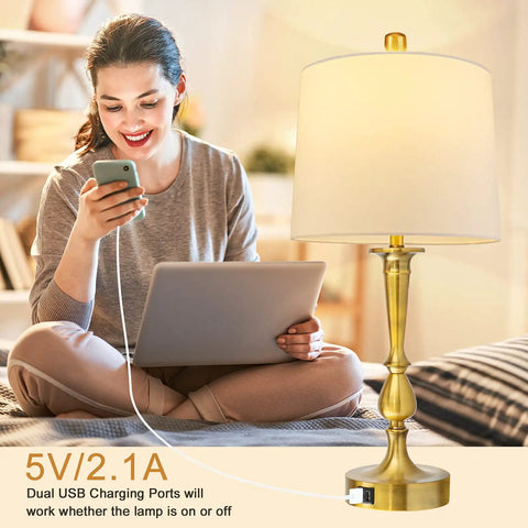 Set Of 2 Touch Control Table Lamps with USB Charging Ports on living room nightstand, modern nickel and gold finish, white drum shade.