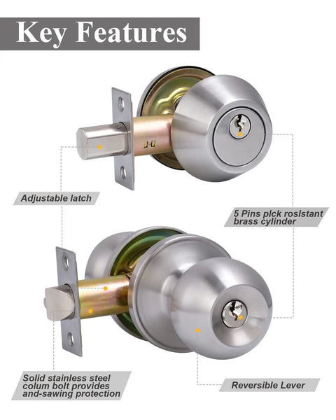Two Sets All Keyed Alike Entry Door Knob And Deadbolt Combo, Satin Nickel Round Ball Exterior Door Knobs Key Features