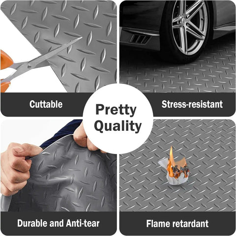 Tough As Nails Non Slip Blue PVC Rubber Garage Floor Mat With Diamond Plate Grip features cuttable and stress-resistant properties.