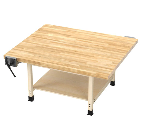 Solid As A Rock 4 Station Wood Workbench With Dual Vises And 64 By 54 Inch Spread heavy duty hardwood build top view.