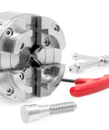 3.75 Inch 4-Jaw Self-Centering Lathe Chuck Set With 1-Inch By 8TPI Thread shown with tightening tools