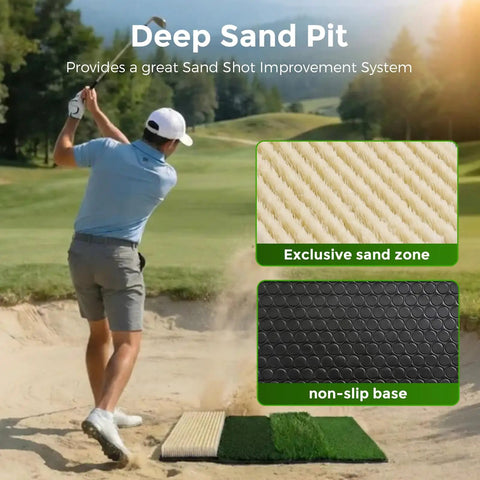 Golfer using 4 In 1 Foldable Heavy Duty Golf Hitting Mat With Sand And Tee Turf, anti-slip backing for realistic practice