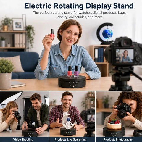 Top Notch Motorized Rotating Display Stand With 360 Degree Electric Photography Turntable for live streaming and jewelry display.