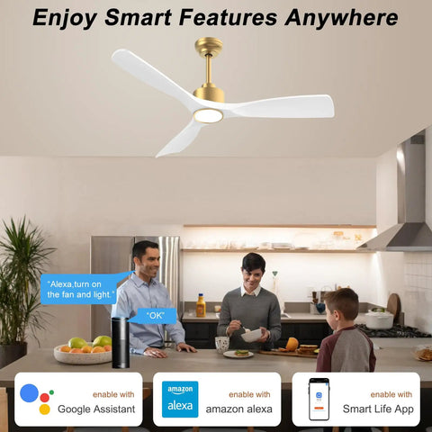 Family using 52 Inch Smart Ceiling Fan With Lights Remote Control Quiet DC Motor 3 Blades White Gold Modern Design For Bedroom And Living Room ETL Listed Safe For Your Home