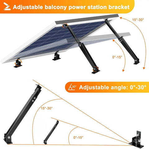 Diagram of Aluminum Alloy Solar Panel Mount With Adjustable Tilt Brackets Black Anti Corrosion Stand For 50W To 400W Panels.