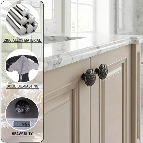 Oil Rubbed Bronze Round Cabinet Knobs 12 Pack 1.4 Inch Diameter Zinc Alloy Hardware installed on kitchen cabinet