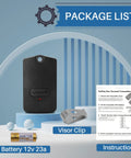 Package content for Upgraded 318MHz Gate Opener Remote With 9 DIP Switches showing remote, battery, visor clip, and instruction sheet.