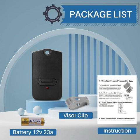 Package content for Upgraded 318MHz Gate Opener Remote With 9 DIP Switches showing remote, battery, visor clip, and instruction sheet.