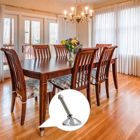 No Hassle Heavy Duty Adjustable Carbon Steel Leveling Feet Set Of Four With Beefy D80 Threaded Lifting Design For Rock Solid Furniture And Equipment Racks On Uneven Flooring displayed in dining room.