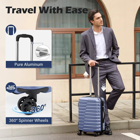 Front view of blue Coolife 3-piece hard-shell luggage set on spinner wheels; Pure Aluminum inset.