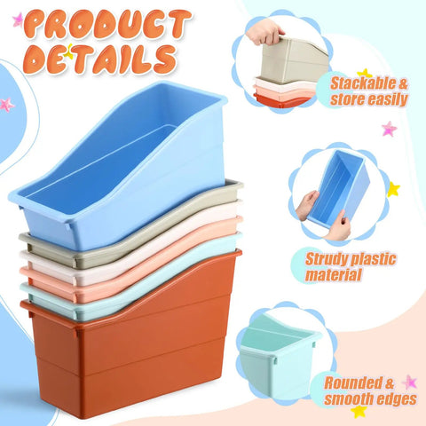 Color Pop light colors of 24 Pack Book Bins For Classrooms And Home Office, stackable and sturdy plastic, vertical organizer baskets.