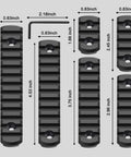 Single Picatinny Aluminum Accessory Rail Set With 3 5 7 9 11 13 Slots, black rails with various lengths and wrench shown.