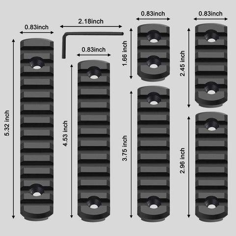 Single Picatinny Aluminum Accessory Rail Set With 3 5 7 9 11 13 Slots, black rails with various lengths and wrench shown.