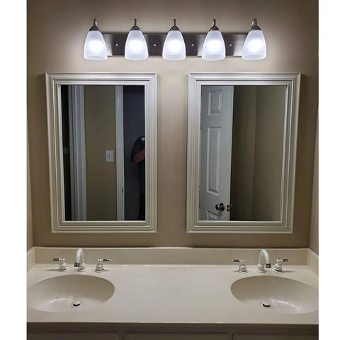 Armada 36 Inch Five Light Modern Vanity Light With Brushed Nickel Finish And Frosted Glass Shades Above Bathroom Mirrors