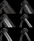 Six Spray Handheld Shower Head With High Pressure Power Rain Massage Settings Shampoo Rinse Water Saving Mode Oil Rubbed Bronze Finish Brass Swivel Bracket Extra Long Stainless Steel Hose Five Inch Head showing different spray modes
