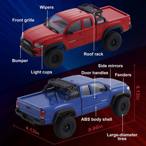 Toyota Licensed FCX24M 1 24th Scale RC Crawler Tacoma Style Rock Truck With Realistic ABS Hard Body, blue and red models shown