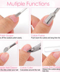 4 In 1 Cuticle Tool Set With Nipper Pusher Cutter And File In Pink Leather Case For Pro Grade Nail Care Manicure Pedicure Cuticle Removal Tools For Everyday Home Spa Nail Care displaying multiple functions.