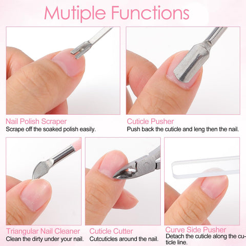 4 In 1 Cuticle Tool Set With Nipper Pusher Cutter And File In Pink Leather Case For Pro Grade Nail Care Manicure Pedicure Cuticle Removal Tools For Everyday Home Spa Nail Care displaying multiple functions.