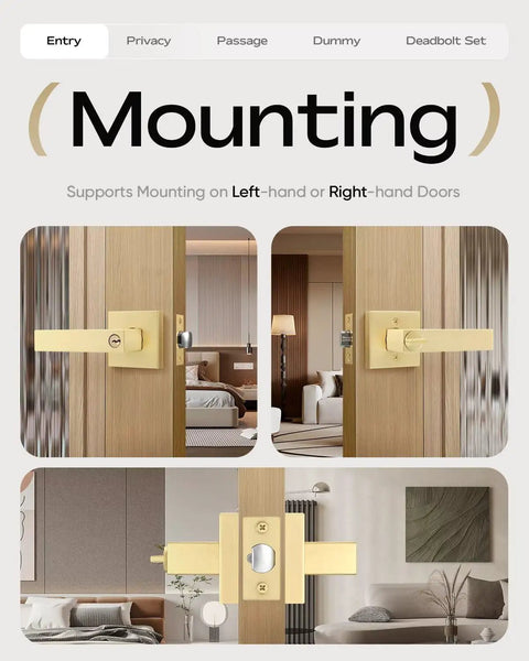 5 Pack Keyed Alike Exterior Door Levers With Lock In Gold Finish, shown installed on left and right-handed wooden doors