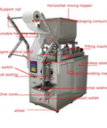 Industrial Grade Game Changer Automatic Paste And Liquid Filling Machine With Quick Mix Hopper For Thick Sauces Honey Olive Oil Vinegar Auto Bag Sealer Plus Cutting System 110V front view showcasing stainless steel body and horizontal mixing hopper.